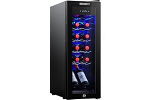 EUHOMY 12 Bottle Compressor Wine Cooler Refrigerator with Lock, Freestanding Mini Wine Fridge with Digital Temperature Control, Wine Refrigerator with Glass Door For Red White Wine, Champagne, Black