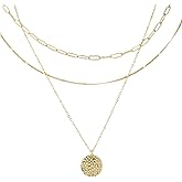 Mikovivi 3pcs Stackable Chain Necklace, 14k Gold Plated Brass Adjustable Layer Necklaces with Circle Pendant Jewelry Jewellery Set for Woman