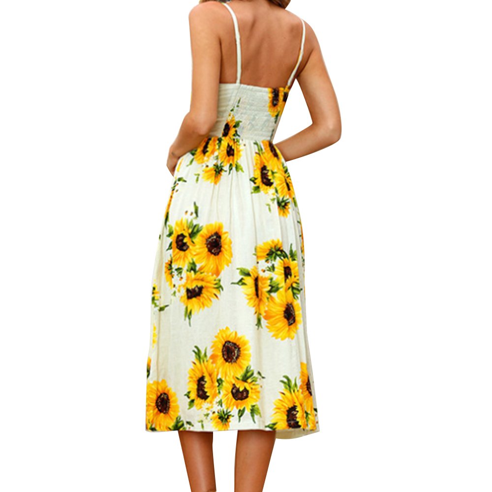 Pevor Women\'s Summer Spaghetti Floral Printing Button Down Causal Swing Dress with Pockets (XL, Yellow 1)