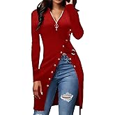 Glozeplus Sexy Sweaters For Women Long Sleeve Tunics Zip Up Ribbed Tops Knit Side Split Asymmetrical Blouse Top