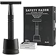 Double Edge Safety Razor with Stand, Reusable Metal Single Blade Razors for Men and Women, with 10 Platinum Coated Double Edge Safety Razor Blades, Women's Safety Shaving Razors, Matte Black