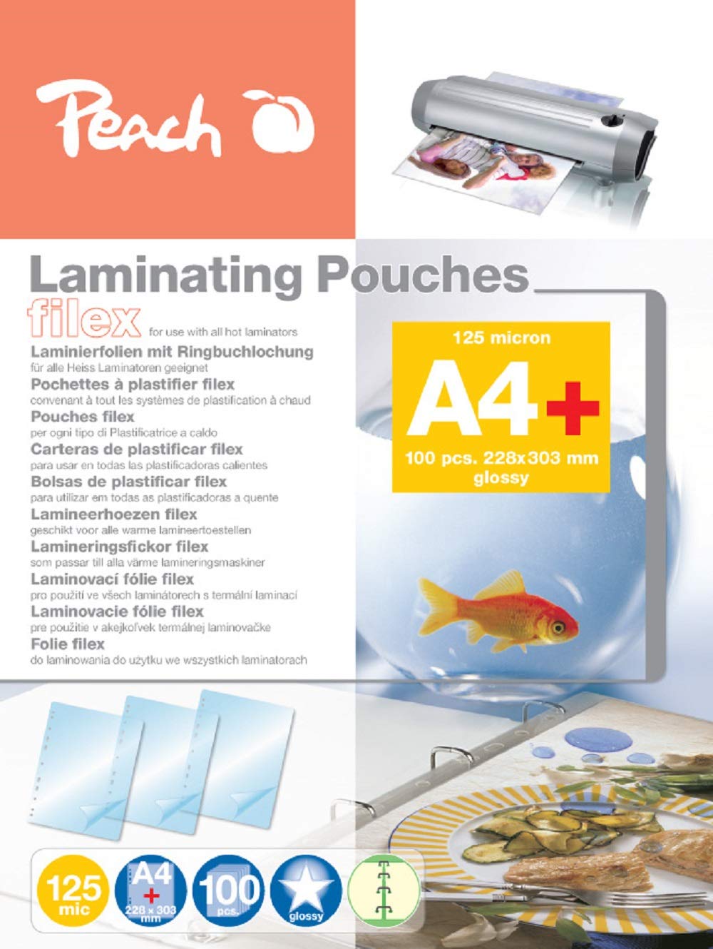 Peach S-PP525-21 Laminating Pouches A4 125 mic 100 Pouches for Practical Filing in Folder Compatible with Laminators of All Brand Manufacturers