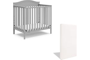 Graco Stella 4-in-1 Convertible Mini Crib with Bonus Mattress (Pebble Gray) – Includes Bonus 2.75 Inch Thick Mattress with Water-Resistant Cover, Converts to Twin Bed, Ideal Crib for Small Spaces