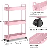 SOLEJAZZ 3-Tier Storage Trolley Cart Slim Rolling Utility Cart Pink view 2