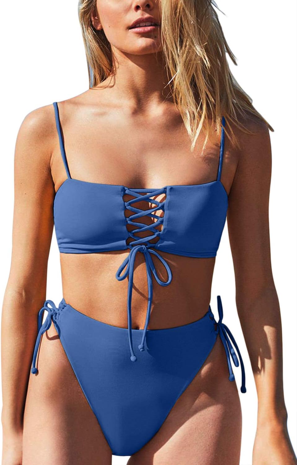 Women's Sexy Lace-Up Beandeau High Wasited Bikini Set 2PCS Swimsuits