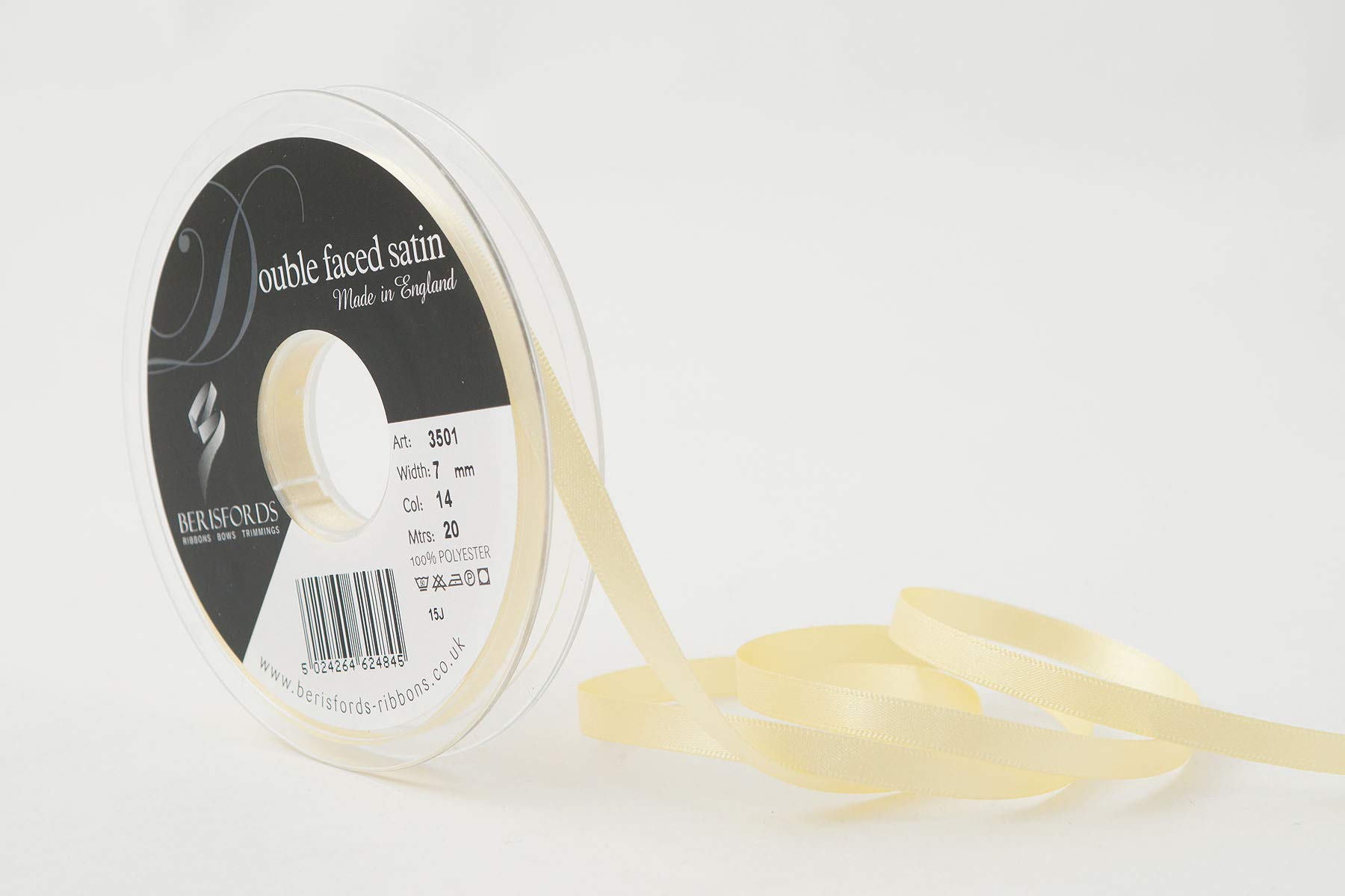 Berisfords Double FACE Poly Satin Ribbon, Pale Lemon, 7 mm