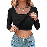 Long Sleeve Ribbed Tops for Women Built in Bra Casual Slim Fitted Square Neck Fall Basic Shirts(Black,L)