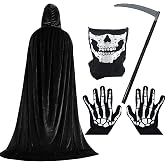 Halloween Black Cloak with Hood, 150cm/59in Unisex Black Cape | Include Scythe, Skull Mask, Skeleton Gloves, 2026 Ghost Face Scream Grim Reaper Costumes for 5'3