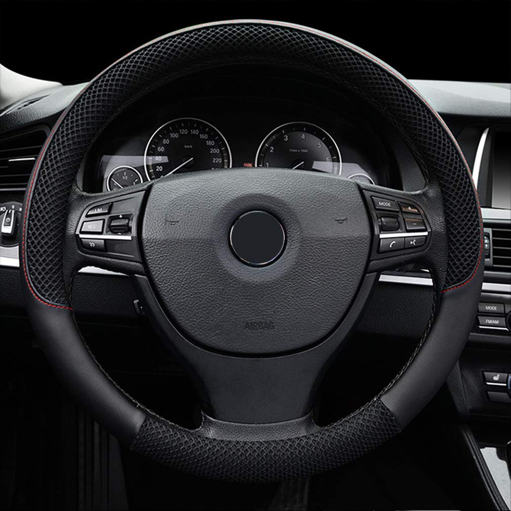 LucaSng Black Microfiber Leather and Ice Silk Fabrics Car Steering Wheel Cover Fit 14.56”-14.96”