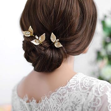 Amazon Com Yean Wedding Hair Pins Gold Leaf Rhinestones Pin