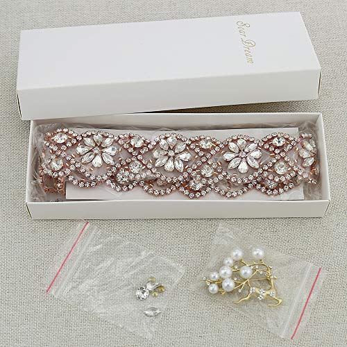 Bridal Dress Sash Rose Gold Crystal Applique with Clear Rhinestones for Wedding Belt Bridal Beaded Applique Wedding Applique - Thumbnail 6