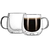 CNGLASS 10oz Double Walled Glass Coffee Mugs(2-pack),Clear Coffee Cups with Handle,Glass Espresso Mugs for Latte,Cappuccino,Tea