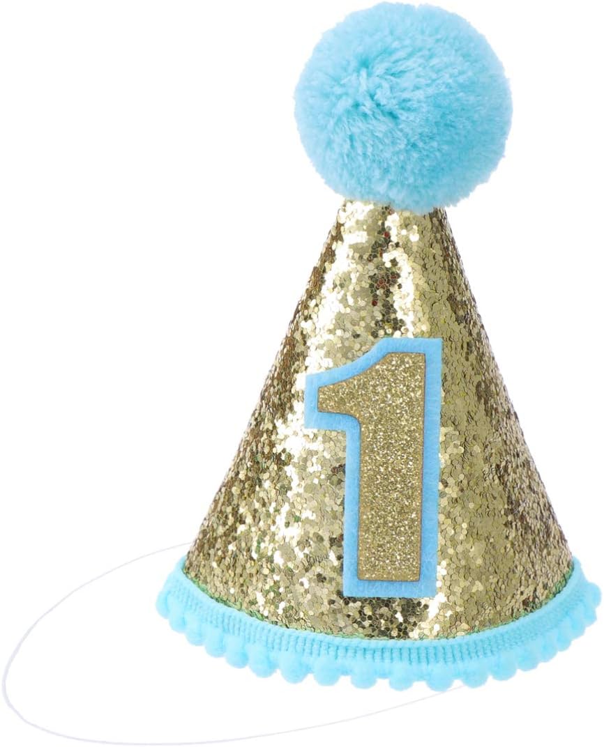 Glitter Sparkle 1St Birthday Cone Hat with Adjustable Headband for Baby Party Supplies - Blue Pom Pom Party Hat for Kids