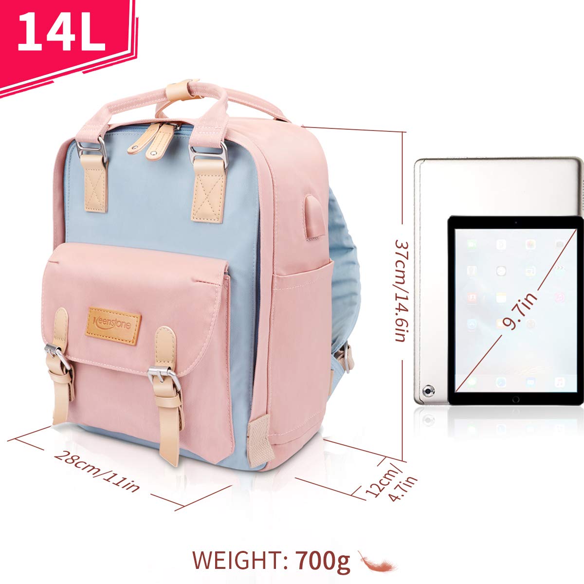 Keenstone Rucksack Satchel Backpack with laptop compartment for Women,Travel Laptop Computer Backpacks with USB Charging Port, Water Resistant College School Bookbag Fits 14 Inch Notebook(Blue)