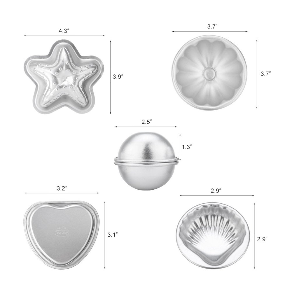 Bath Bomb Mold，5 Sizes 10 Pieces Metal Bath Bomb Mold Kit(2 Hemispheres, 2 Starfish, 2 Heart, 2 Shell, 2 Petal) with 5 Spoons for Bath Bomb Making, Handmade Cakes and Crafts