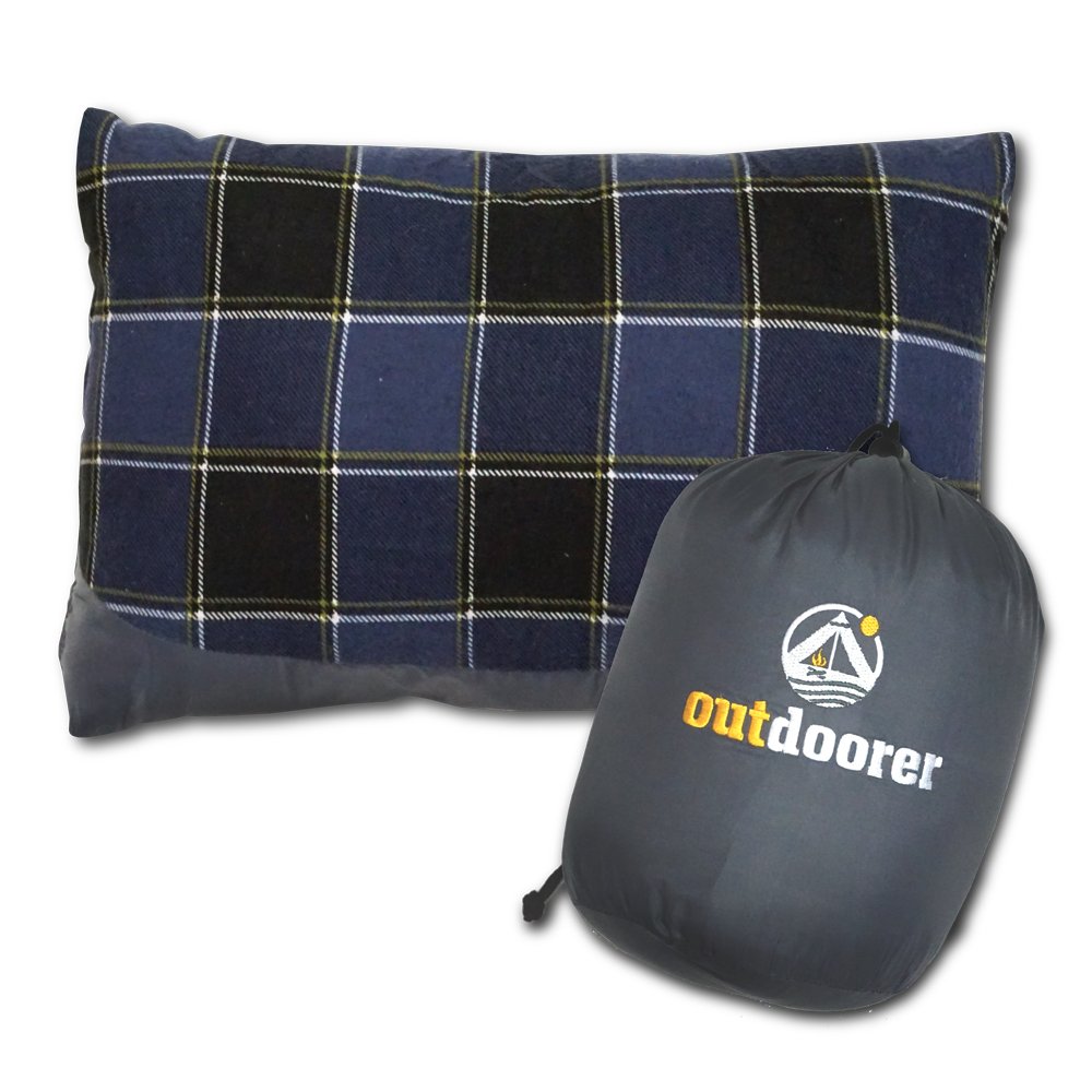 Outdoorer camping cushion, blue check, light, small packsack, travel pillow