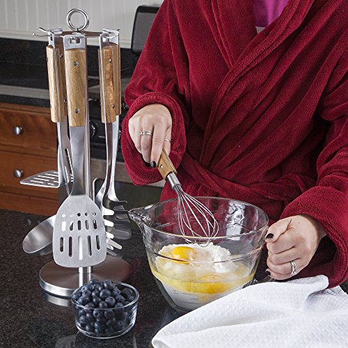Premium Wooden Kitchen Utensils Set with Stainless Steel Stand - Includes: Spatula, Serving Spoon, Soup Ladle, Whisk, Potato Masher and Spaghetti Server, Grilling & Cooking Made Easier - By BBQ-Aid