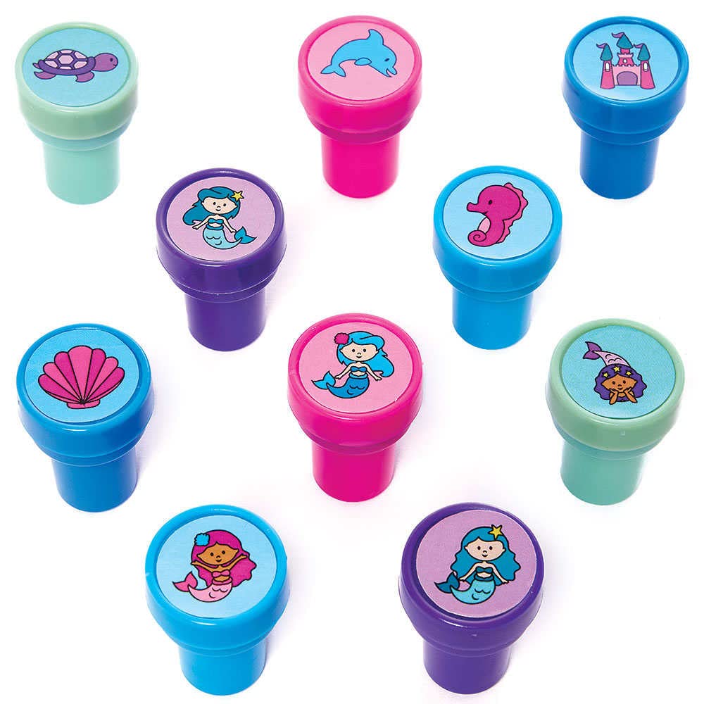 Baker Ross FC840 Mermaid Self-Inking Stampers - Pack of 10, Stamps for Kids, Party Bag Fillers for Kids, Teacher Supplies