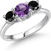 Gem Stone King 14K White Gold Purple Amethyst & Black Onyx 3-Stone Engagement Ring | 0.92 Cttw | Round 5MM and 4MM | 3 Stone Wedding Anniversary Promise Ring For Women