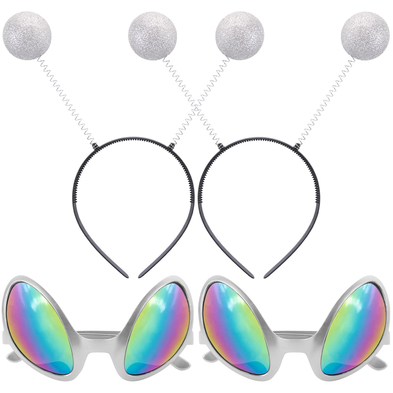 UHOMENY 4pcs Alien Costume Accessories Set 2pcs Space Alien Antenna Glitter Ball Hair Bands Alien Headband and 2pcs Rainbow Lens Glasses for Alien Party Supplies Halloween Costume Accessory (Silver)