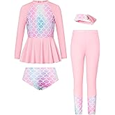 GRACE KARIN Girls Long Sleeve Swimsuit Mermaid Bathing Suit Rash Guard Swimwear 4 Piece Size 5-12