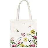 kate spade new york Canvas Tote Bag for Women, Cute Tote Bag for Work or Teacher, Canvas Beach Bag, Book Tote with Pocket, Dragonflies and Tulips