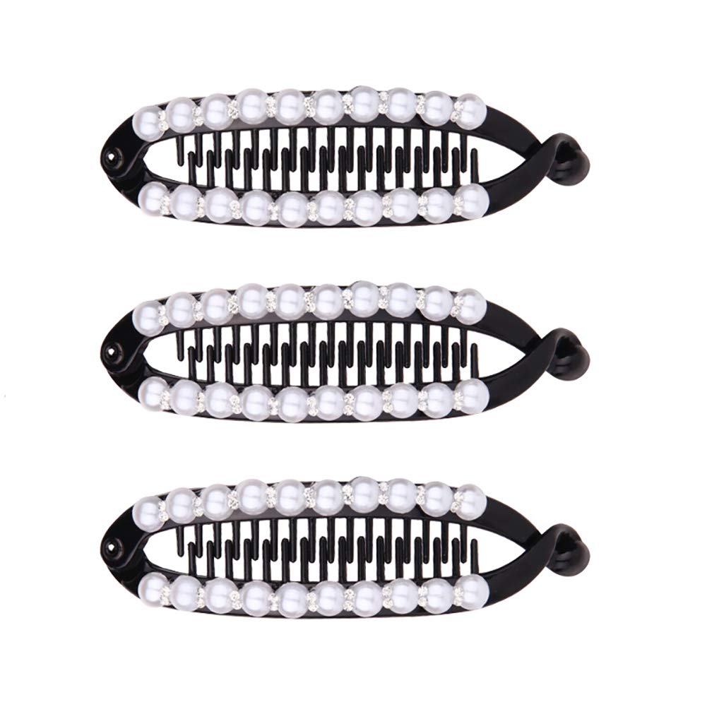Fodattm 3PCS Lady Women Sweet Imitation Pearl Banana Hair Clip Hair Comb Hair Clincher Vintage Elegant Rhinestone Fish Shape Hair Grips Clamp Hair Jaw Clips (D#)