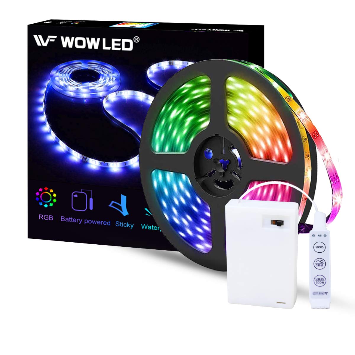 WOWLED 6.6ft (2M) RGB LED Strip Lights Powered by Battery, Multicolor