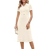 Annebouti Womens 2026 Spring Summer Short Sleeve Elegant Lace Button Down Semi-Formal Work Business Casual Midi Dress