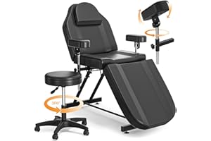 CHARMMADE Tattoo Chair for Client Adjustable Facial Bed Professional Massage Table Multipurpose Comfortable Waterproof Leather Spa Chair for Esthetician with Tattoo Armrests Hold Up to 440lbs, Black