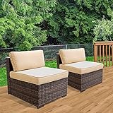 Patiorama Patio Loveseat Wicker Armless Chairs, All Weather Brown PE Wicker Sofa Chair,Additional Seats for Sectional Sofa, Beige Cushions,Steel Frame,2 Piece