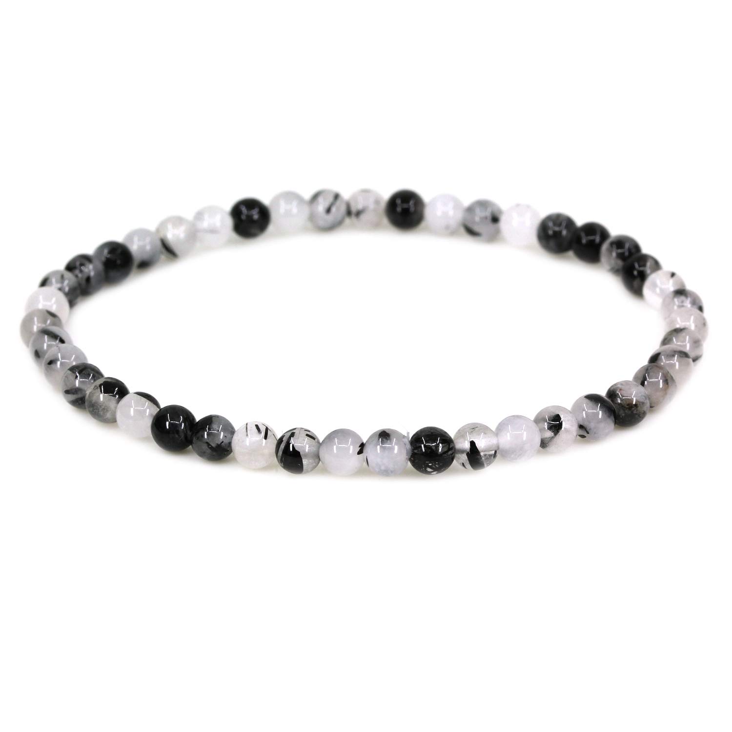 CHENYUE Natural Black Rutilated Quartz 4mm Round Beads Stretch Bracelet 7" Unisex