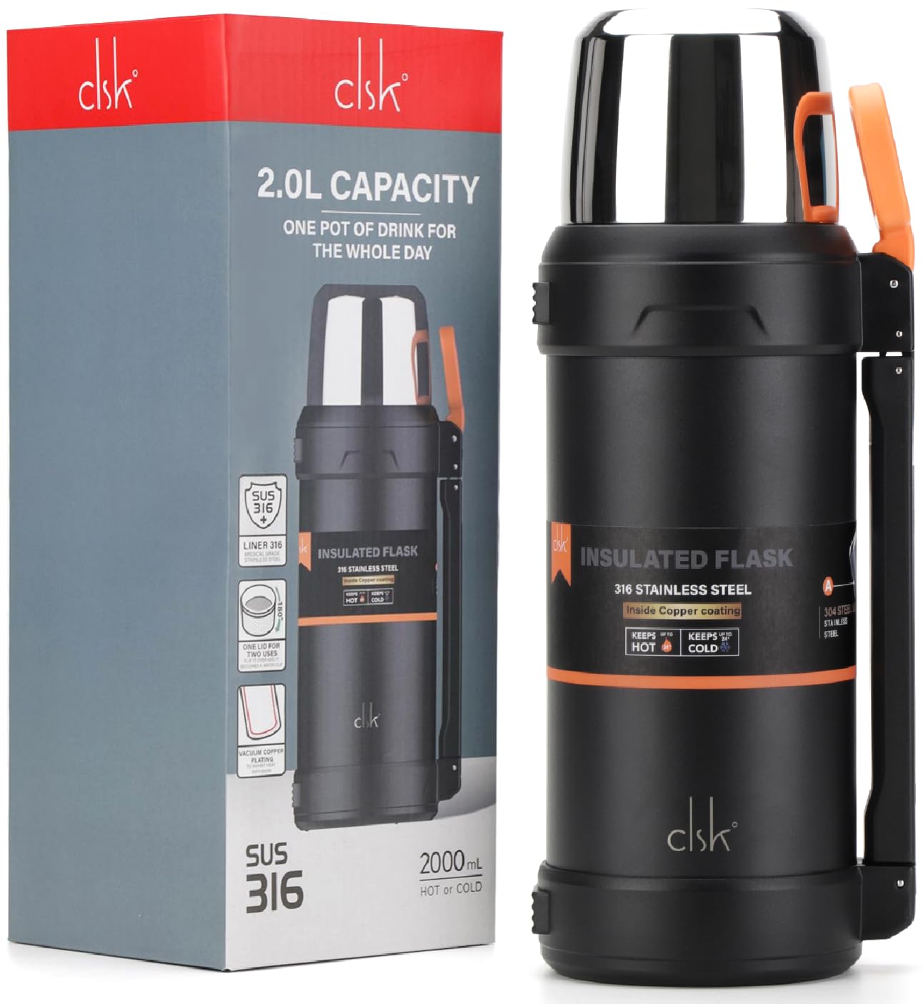 Flask for Hot Drink, CLSK9° 2L Thermo Flask, 24hrs Hot|Cold, Superior 316 Stainless Steel, Triple-Wall Insulated with Copper Lining, Vccuum Flasks for Hot and Cold Drinks, 100% Leak-Proof, BPA-Free