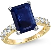 Gem Stone King 6-8 Cttw 14K Two-Tone Gold Gemstone Birthstone and Lab Grown Diamond Engagement Ring For Women | Emerald Cut 12X10MM and Round 3MM | Wedding Anniversary Gold Ring | Sizes 5-9