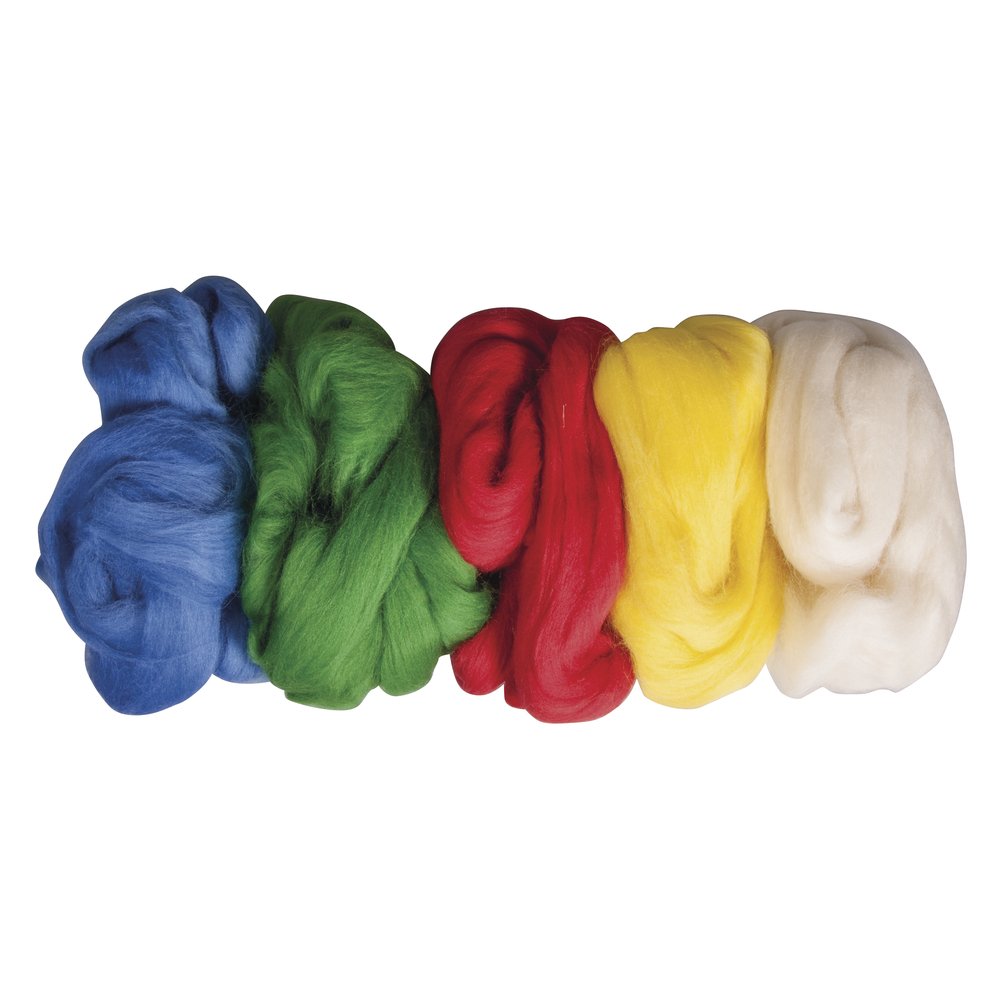 Rayher Set of 5 Wool Tops for Felting, Crafting and Jewellery Making, Soft Roving for Weaving and Spinning, 125g, Multicolor (Green, Blue, Red, Yellow, Off-White), 100% Wool