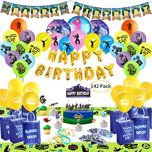 Birthday Party Supplies for Game Lovers, 142 pcs Gaming Theme Party Decorations - include Balloons, Party Favors Bags, Table Cover, Bracelets, Banner, Stickers, Cake Toppers