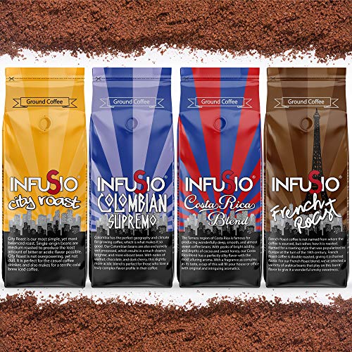 InfuSio-Gourmet-Ground-Coffee-64oz-Variety-Pack-Eight-8oz-Bags-Pack-of-8-4lbs-Total-French-RoastColombianCity-RoastCosta-Rica-With-Flavored-Blends-PecanChicoryVanillaCreme-Brulee