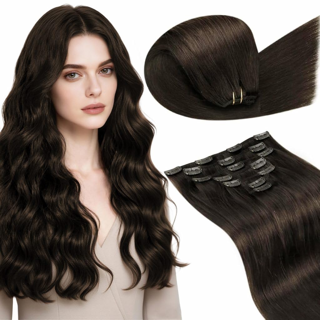 LaaVoo Clip in Hair Extensions Real Human Hair Dark Brown Hair Extensions Clip in 16 Inch 120g 7pcs Full Head Remy Straight Darkest Brown Hair Double Weft #2
