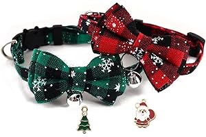 MEMOVAN 2 Pack Christmas Cat Collar Breakaway with Bowtie Bell, Christmas Holiday Kitty Kitten Collar Red Green Plaid Pattern Xmas Kitten Collar with Removable Bowtie Cat Bow tie Collar