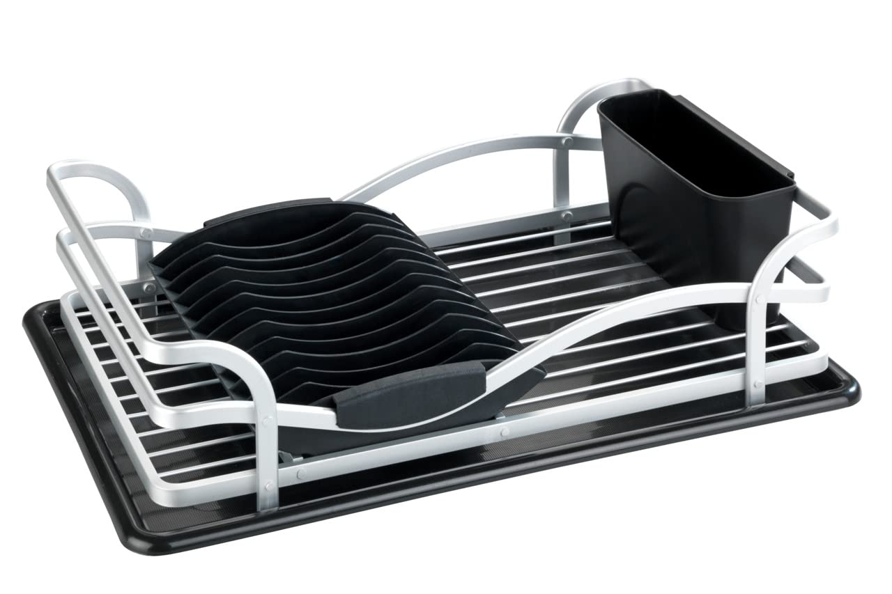WENKO Aluminium Dish Drainer for Dishes, Ideal for Placing Next to the Sink, Made of Rustproof Aluminium and Plastic, 46.5 x 13 x 31.5 cm, Matte Silver/Black