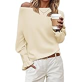 Saodimallsu Womens Boat Neck Batwing Sweaters Dolman Ruffle Long Sleeve Off Shoulder Fall Loose Knit Pullover Tops
