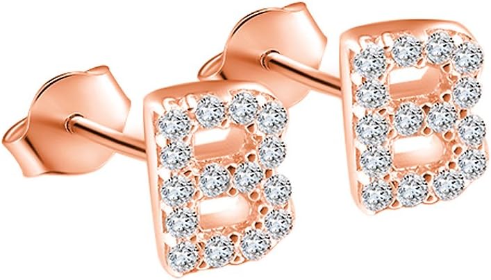 925 Sterling Silver Tiny Initial Earring Studs Rose Gold Plated Letter B