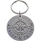 Custom Compass Keychain with Engraved Steel Disc for Coordinates, Couples or Best Friends, Anniversary Keychain