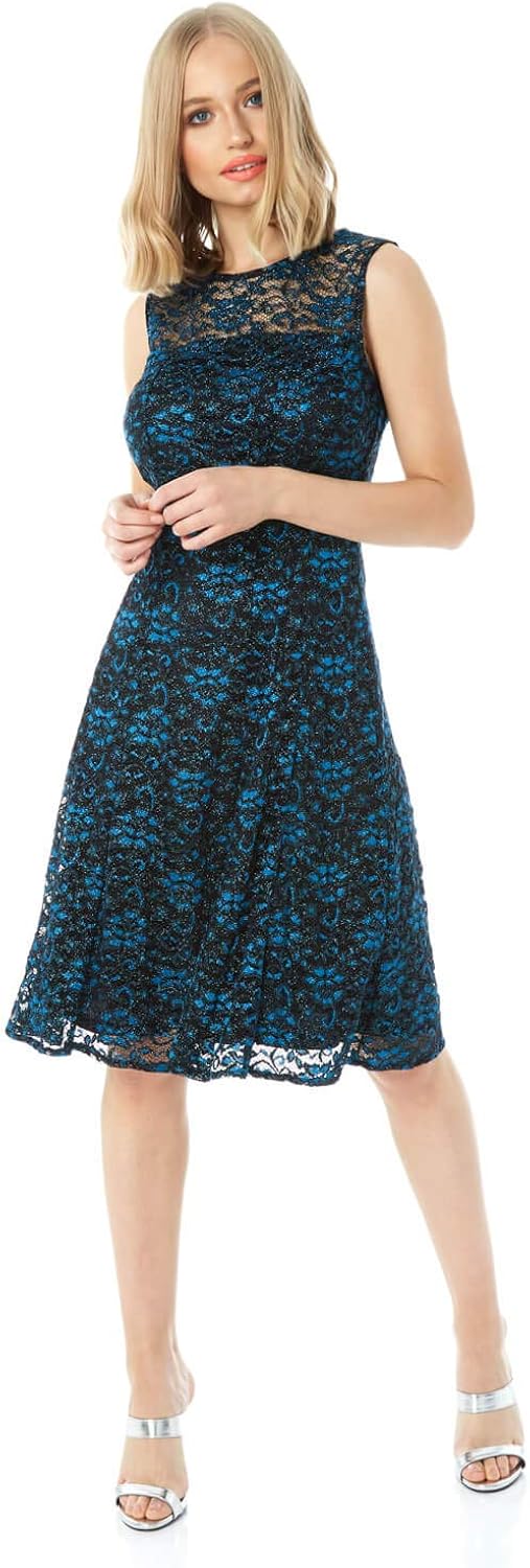 Roman Originals Women's Lace Sequin Sparkly Skater Round Neck Midi Dress - Ladies Autumn Winter 