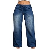WDIRARA Women's Plus Size Drawstring Waist Jeans Wide Leg Baggy Denim Pants