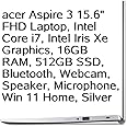 acer Aspire 3 15.6" FHD Laptop, Intel Core i7, Intel Iris Xe Graphics, 16GB RAM, 512GB SSD, Bluetooth, Webcam, Speaker, Microphone, Win 11 Home, Silver (Model Name: A315-58-7138)