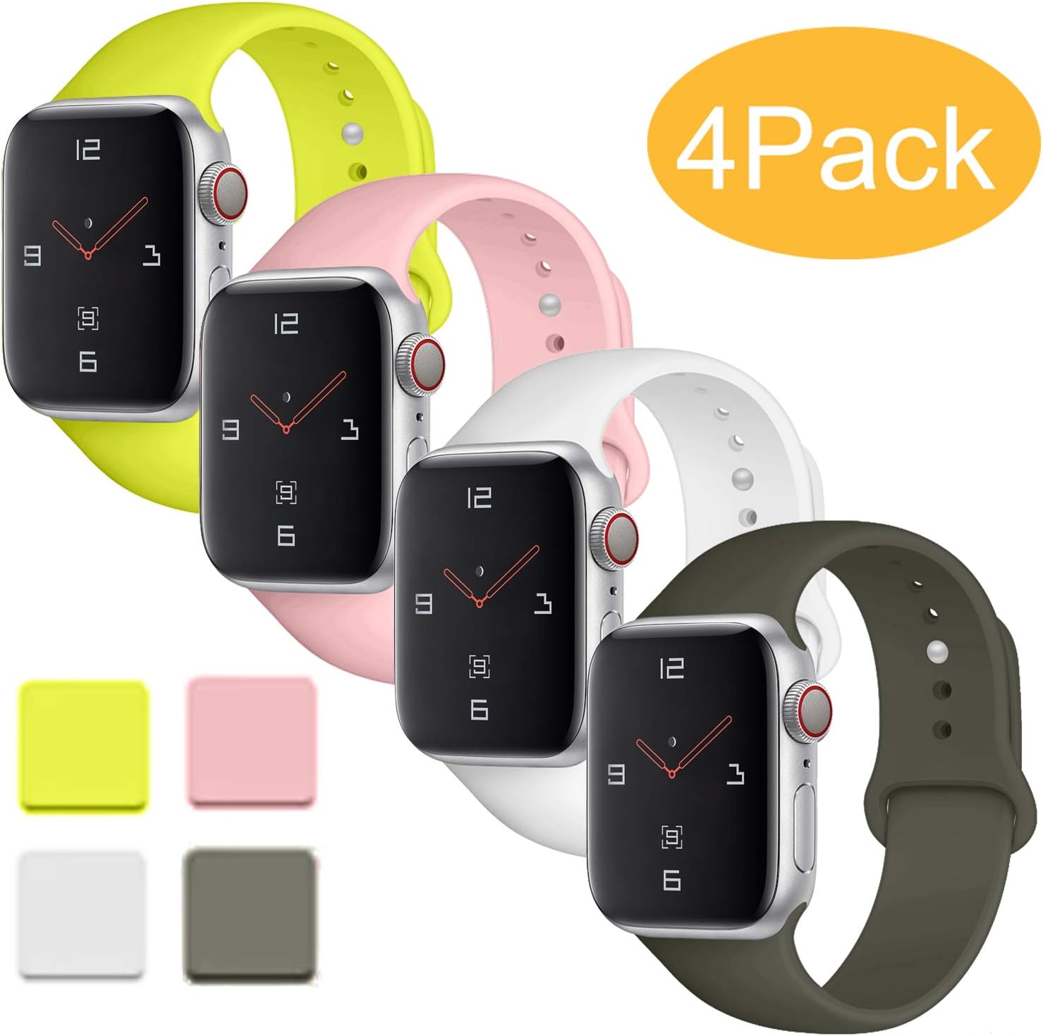 Misker Sport Band Compatible with for Apple Watch Band 38mm 40mm 42mm 44mm, Soft Silicone Sport Strap Compatible with iWatch Series 5 4 3 2 1 (Lemon/Pink/White/Olive, 42mm/44mm M/L)