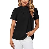 Rooscier Women's Dressy Mock Neck Pleated Short Sleeve Chiffon Blouse Office Shirt Top