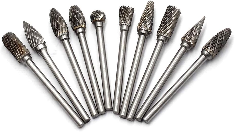 3mm Carbide Burr Set OSCARBIDE Tungsten Carbide Rotary Files 3mm Shank & 6mm Head Drill Bit Double Cut Fits Dremel for Grinder Drill Metal Polishing Engraving Drilling Woodworking Carving 10pcs