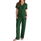 Ekouaer Womens Pajama Sets Short Sleeve Button Up Pjs, Chic Contrast Trim, Long Pants with Pockets,Soft Loungewear Set S-XXL